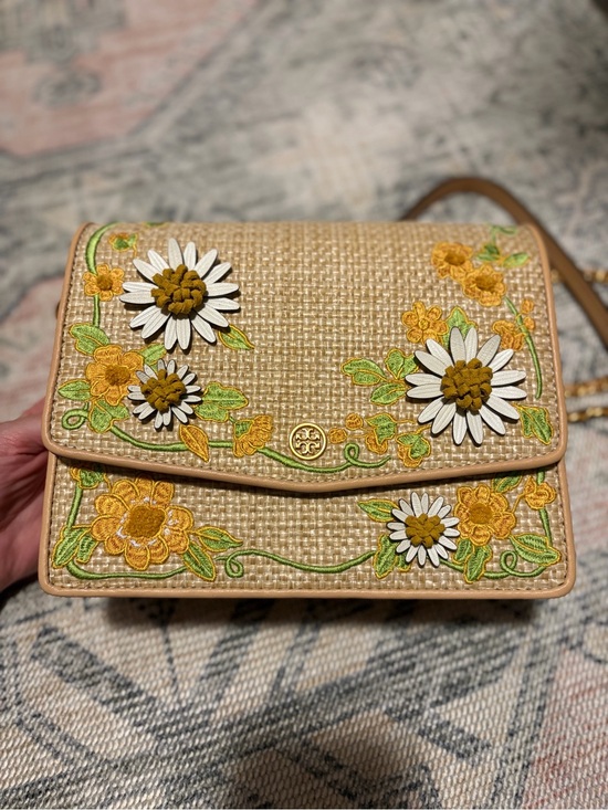 Tory Burch Handbags - Tory Burch Embroidered Yellow Floral Woven Crossbody Bag